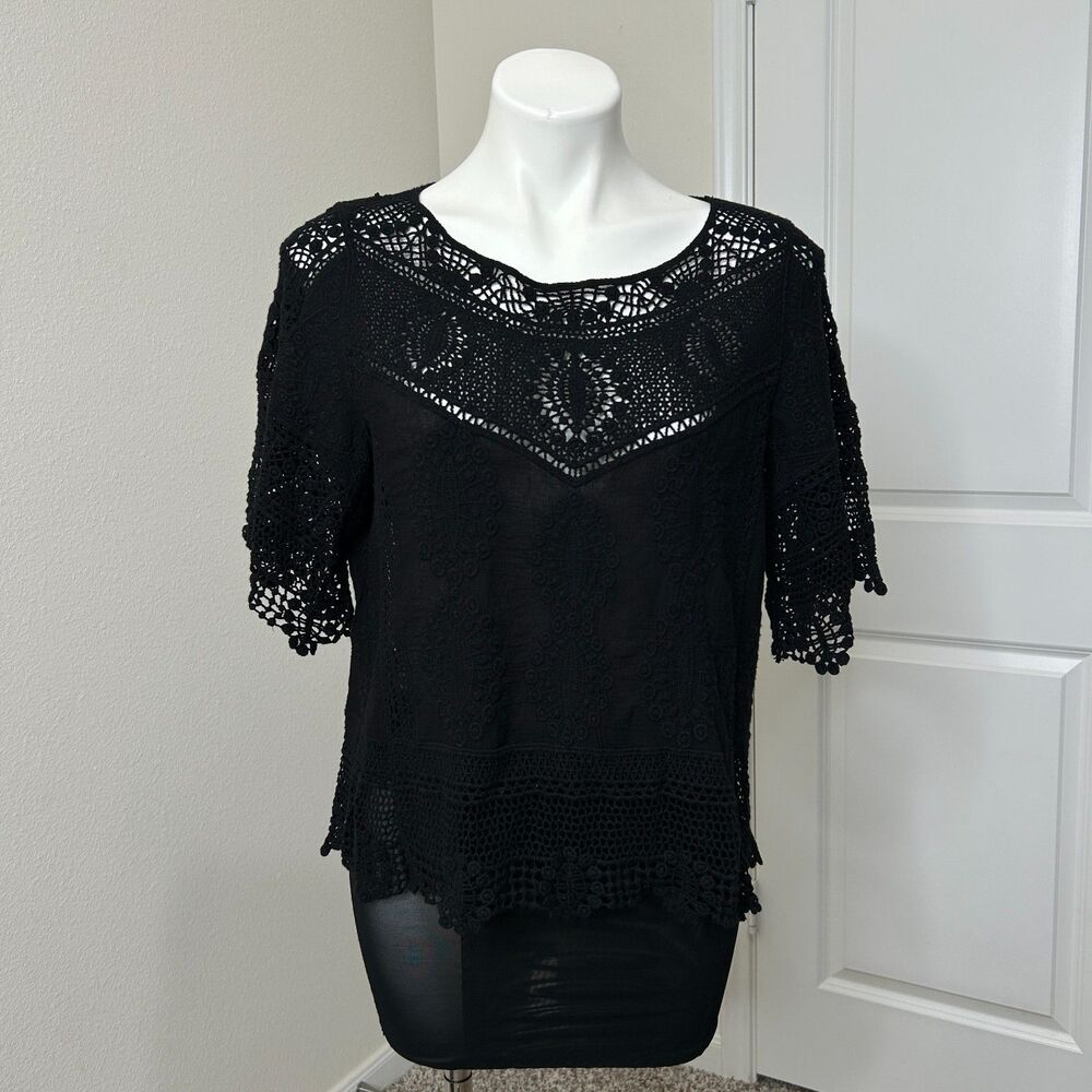 Democracy Crochet Lace Top Black Knit Sheer Boho Peasant Blouse Small Festival